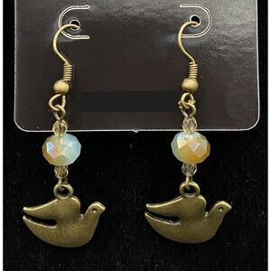 Handmade Peace Dove & Aqua Seafoam Bronze Crystal Bead Earrings by Neanie-Bot